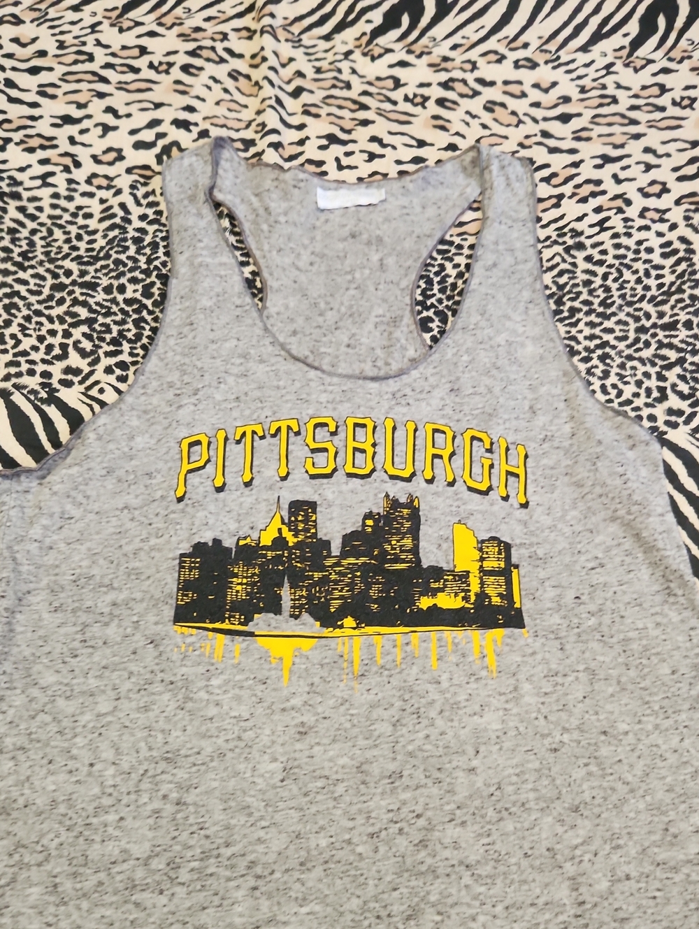 Grey Pittsburgh Skyline Racerback Tank Top with Yellow Graphic
